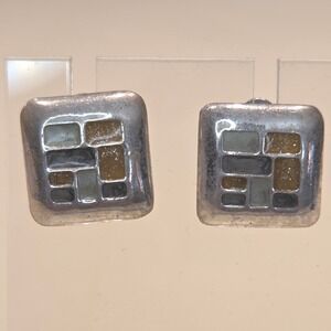Vintage KENNETH COLE Signed Silver Tone Mosaic Enamel Square Stud Earrings Women